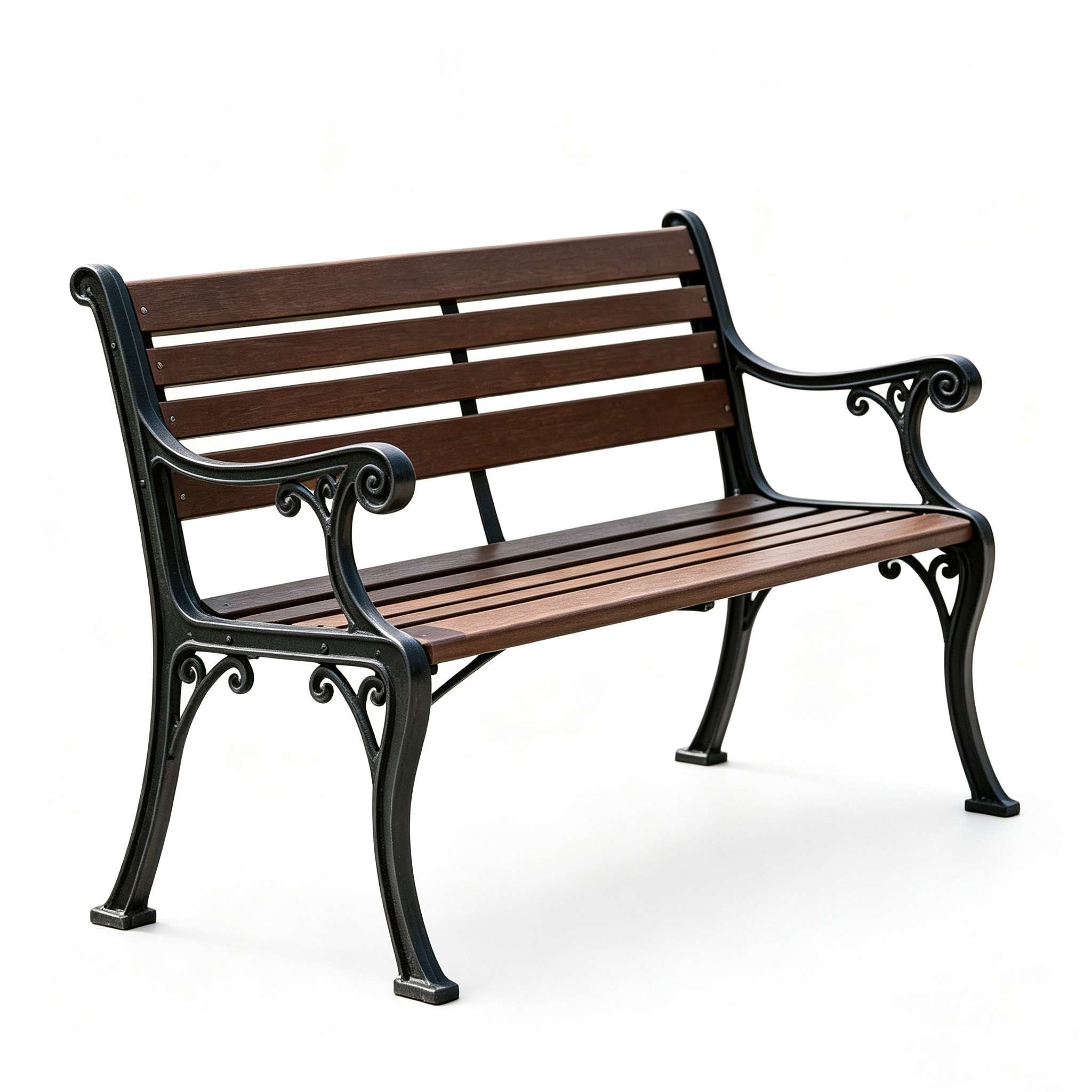 Complete outdoor park bench with cast iron bench leg frame and dark wood slats, white background