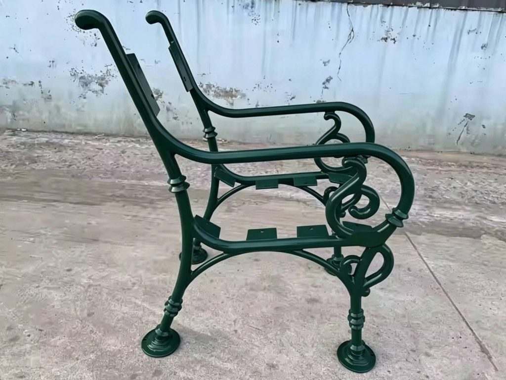 Green powder coated cast iron street bench leg, finished ornamental bench support frame, factory real shot sample