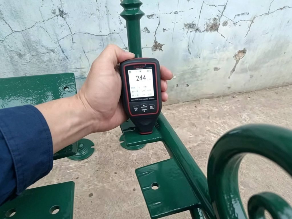 Coating thickness gauge testing on green cast iron bench leg, factory QC inspection
