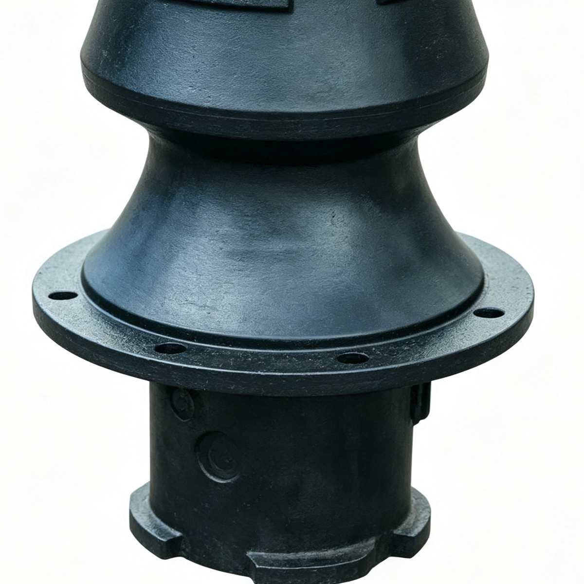 Close-up shot of black cast iron bollard bottom flange base with mounting holes, fixed installation structure for decorative traffic bollard