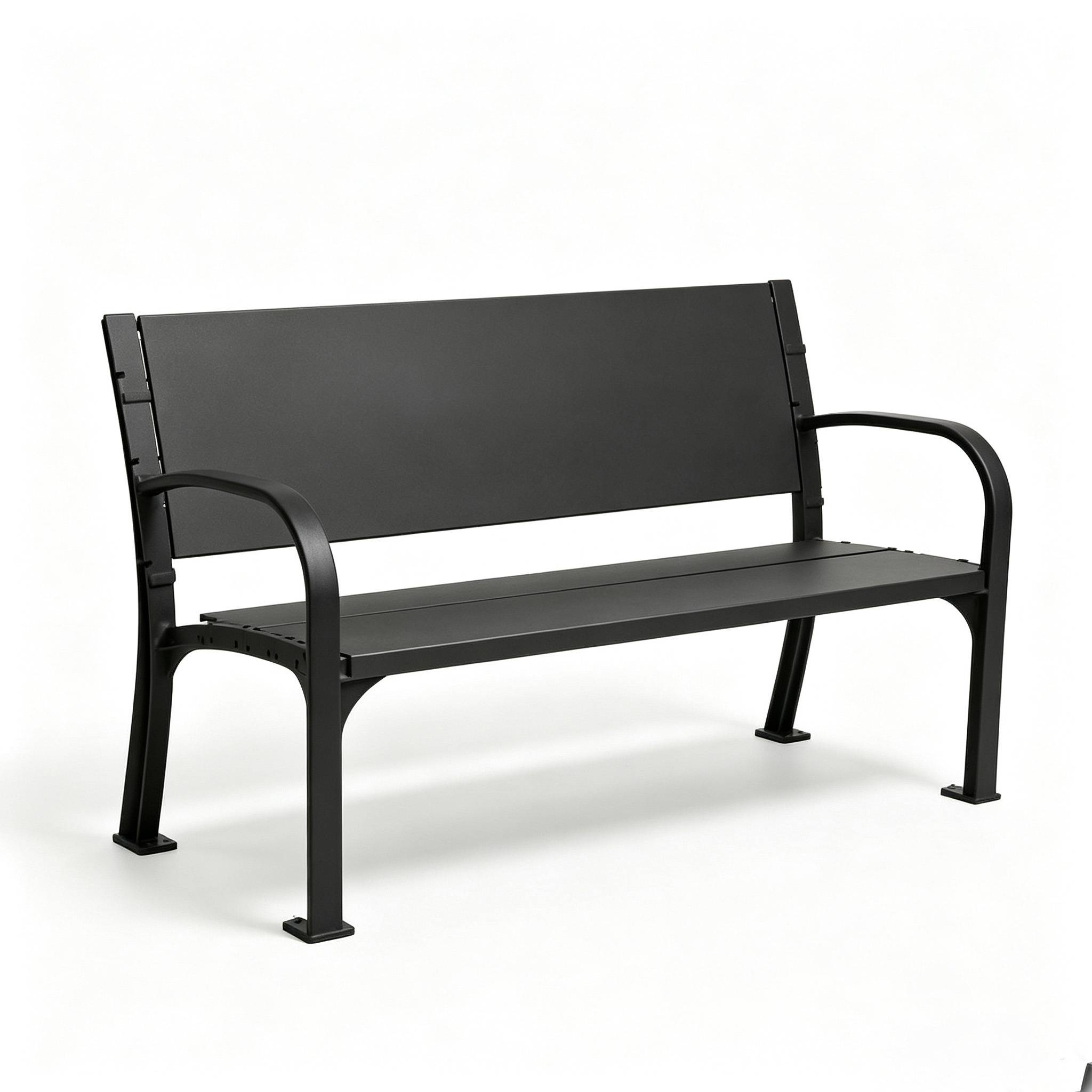 Complete black outdoor bench with metal side frames, flat seat and backrest, white background
