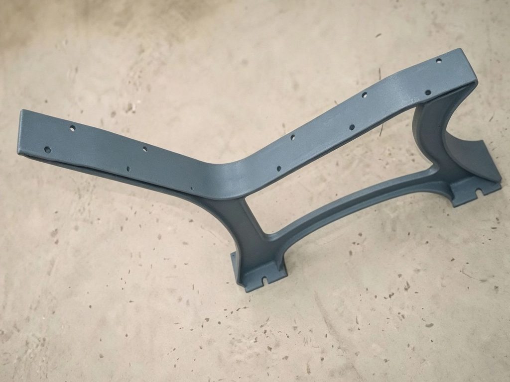 Cast iron bench leg showing pre‑drilled mounting holes, factory sample