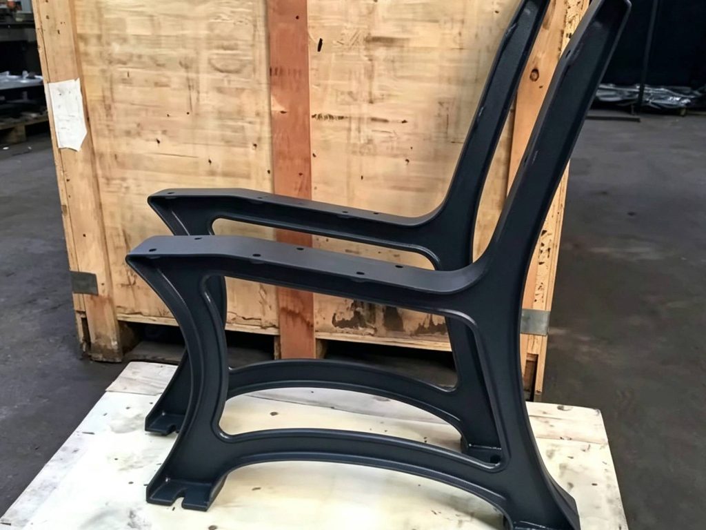 Pair of black cast iron street bench legs stacked at factory warehouse
