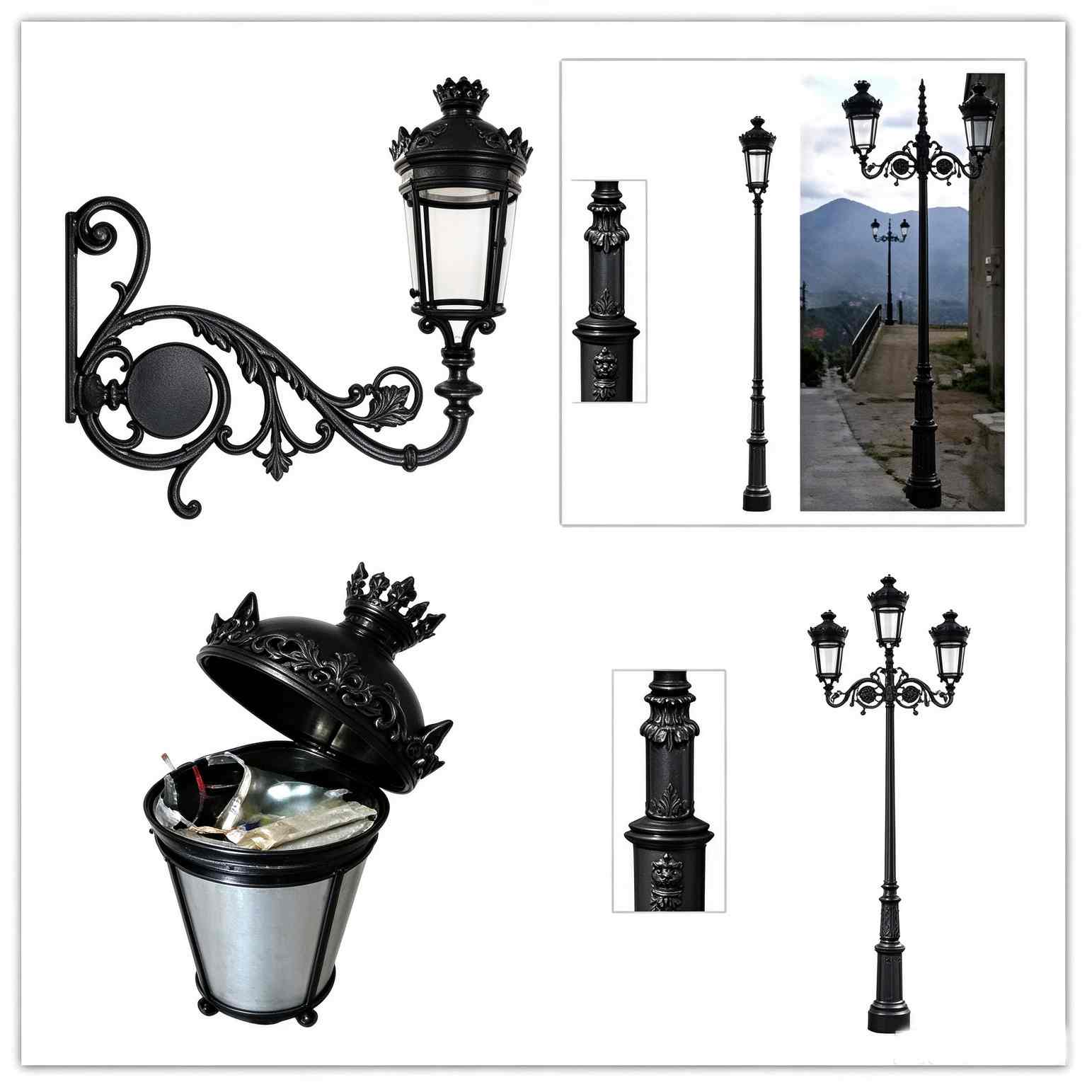 Collage of vintage cast aluminum items: wall lantern, lamp posts, waste bin