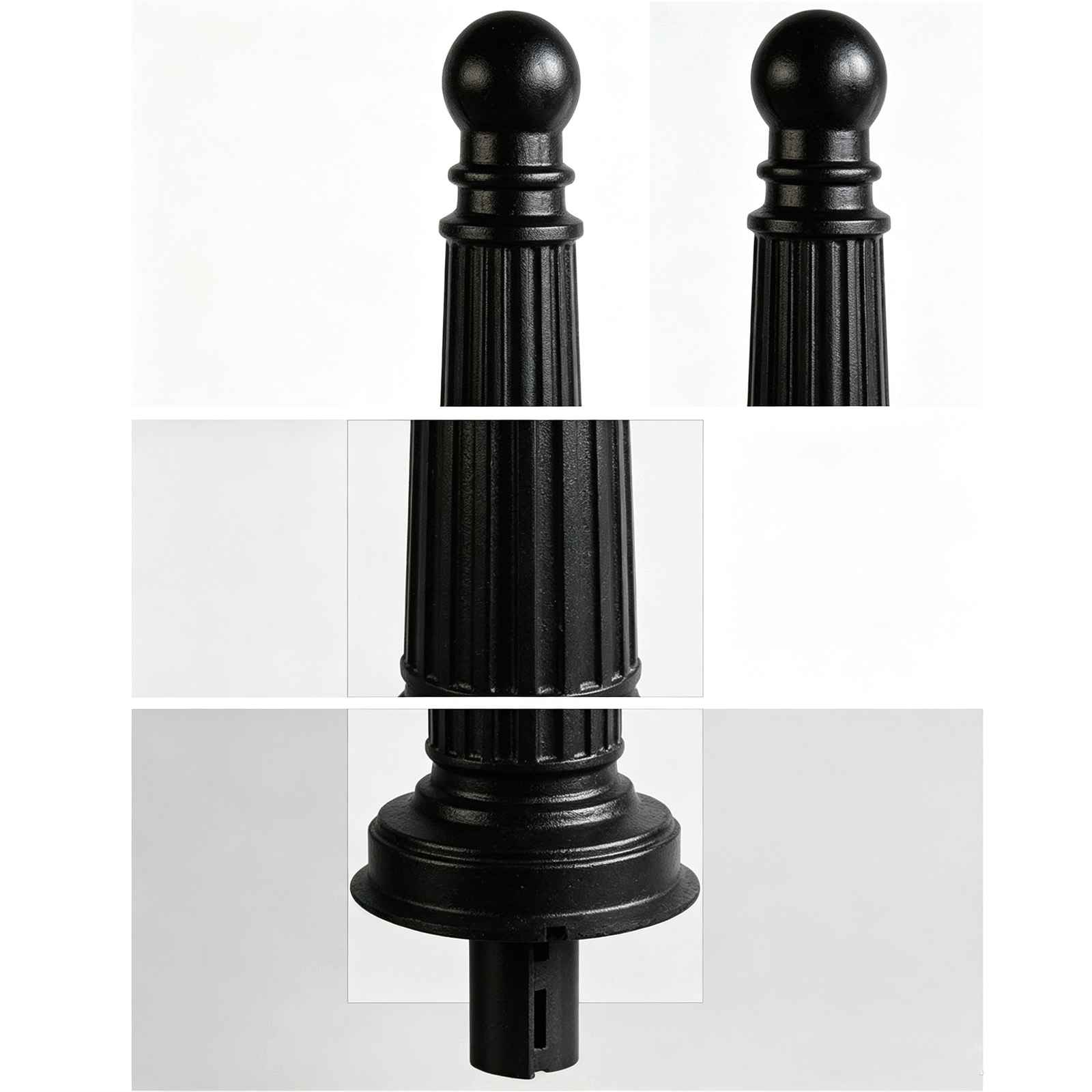 Cast iron street bollard detail collage showing spherical top, fluted column, decorative collar and base mounting structure.