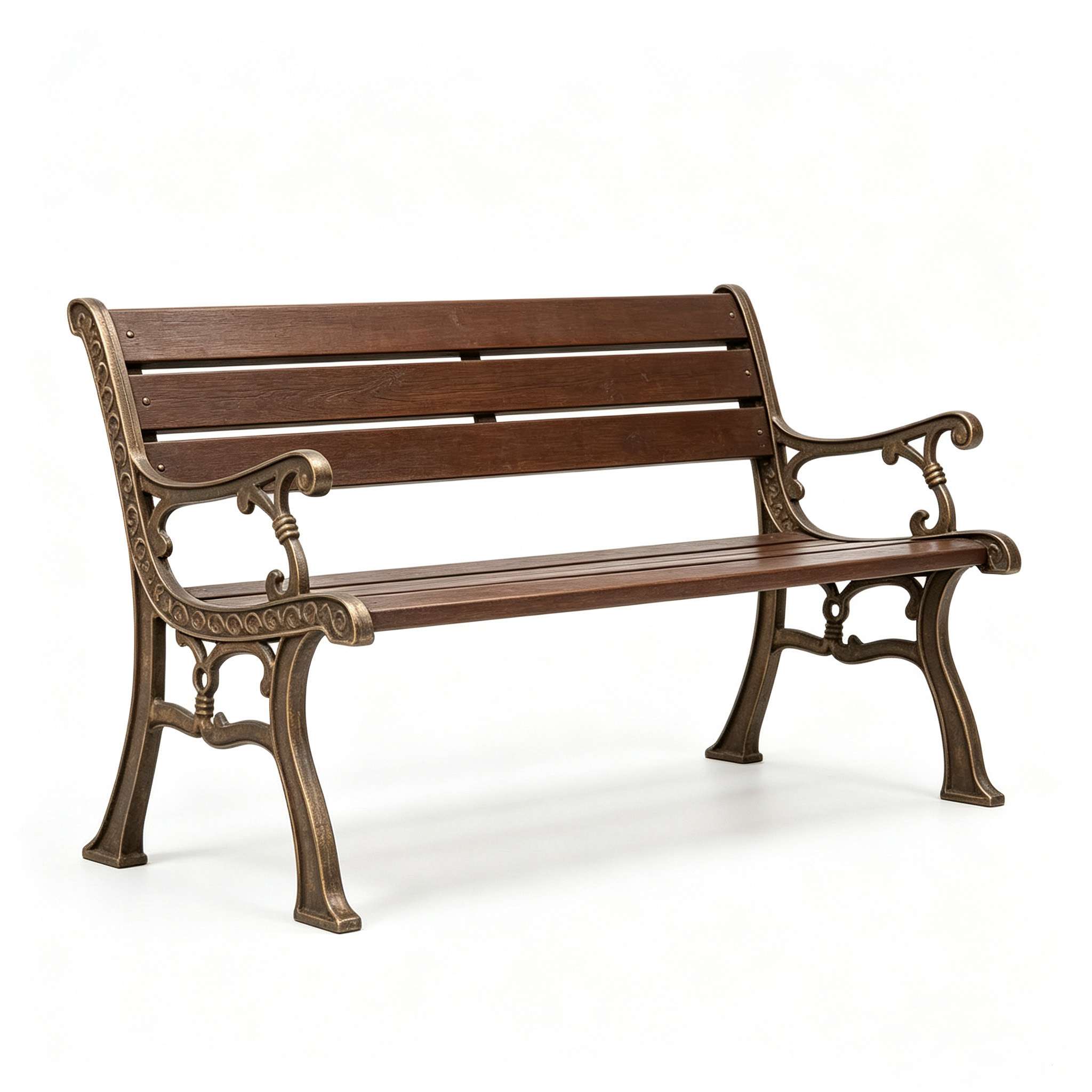 Complete outdoor park bench with ornate cast iron side frames and wooden slats white background