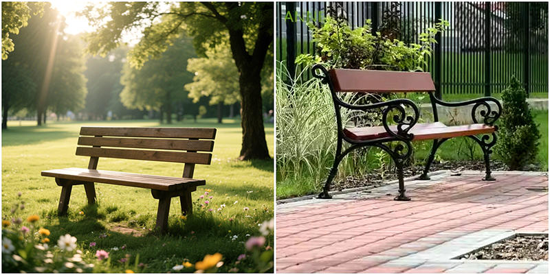 A before-and-after comparison of a wooden bench with standard legs vs. ornate cast iron legs.