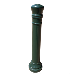 Dark green vintage ductile iron bollard with decorative ring details, isolated on plain white background
