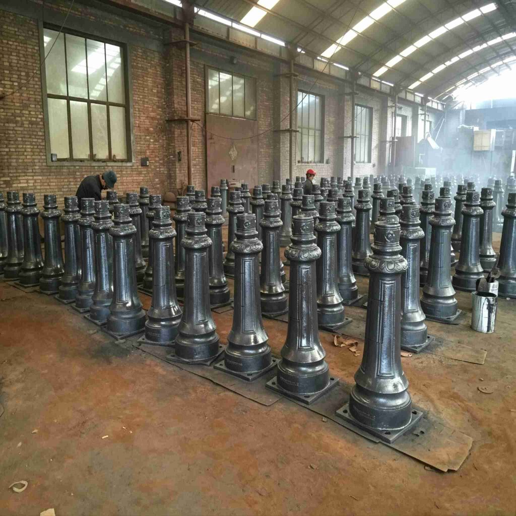 Stack of Victorian Street Light HS-L036 lamp posts in factory warehouse