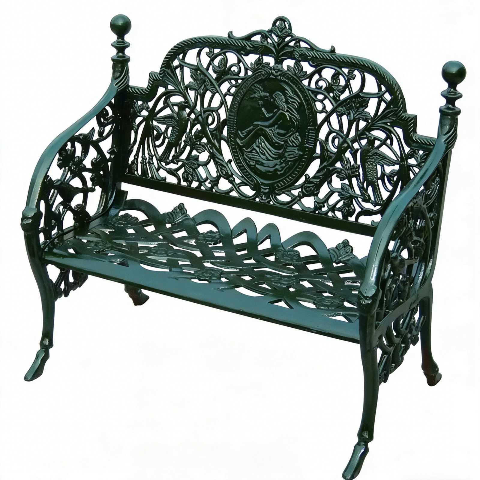 Art Nouveau Cast Iron Garden Bench HS-B032 with Central Medallion, Art Nouveau Cast Iron Garden Bench