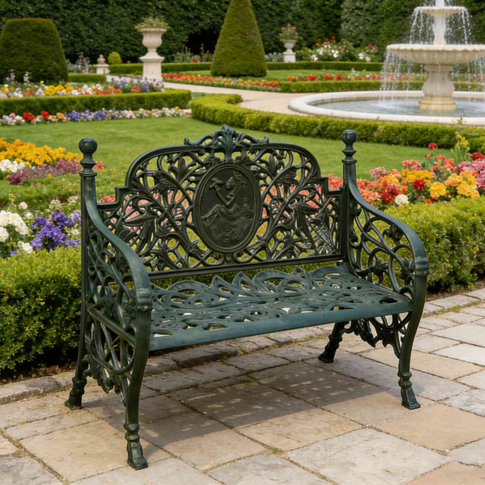 Art Nouveau Cast Iron Garden Bench HS-B032 with Central Medallion, Art Nouveau Cast Iron Garden Bench