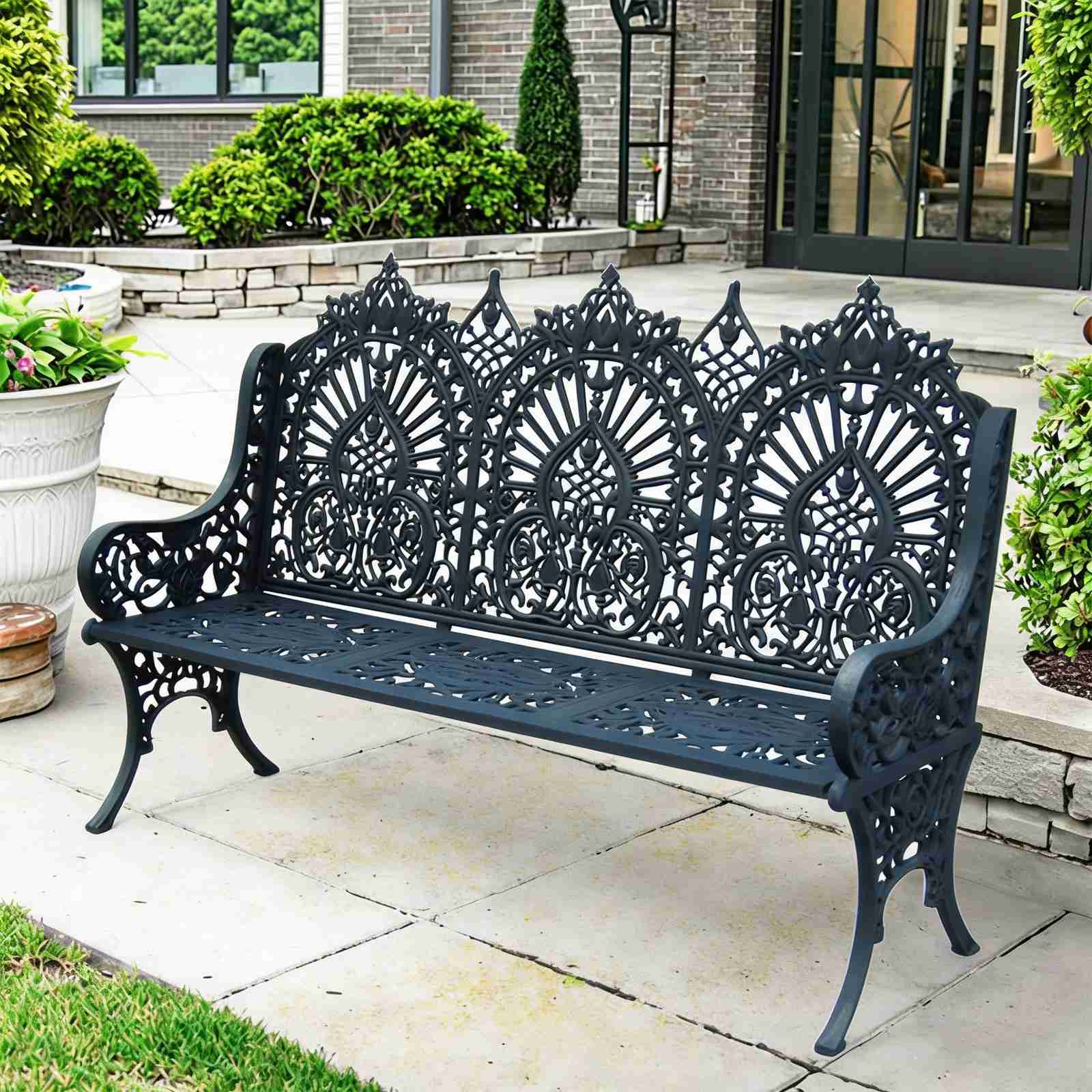 Cast Iron Garden Bench with Royal Peacock Design HS-B030, Peacock Motif Cast Iron Bench