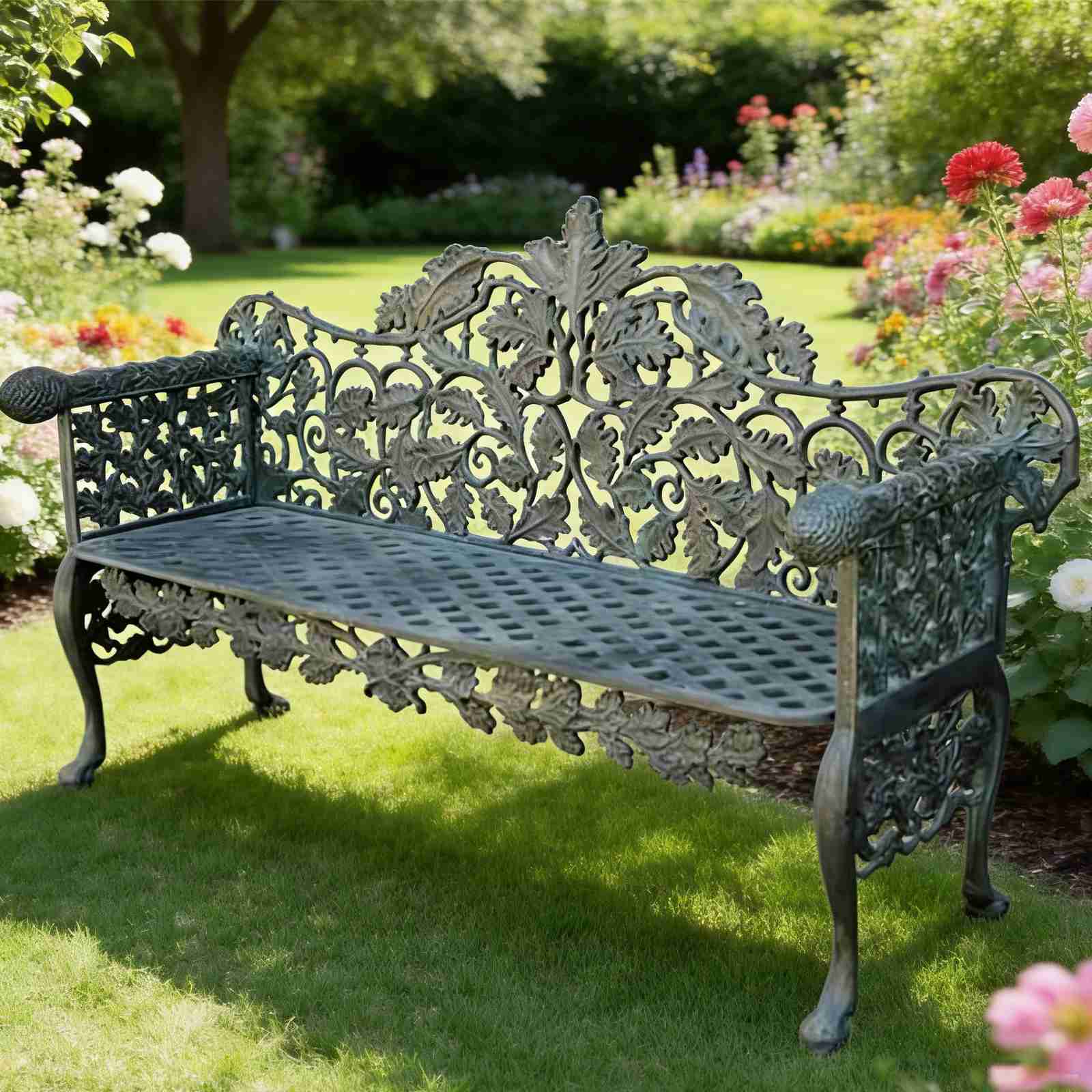 Oak Leaf & Acorn Motif Cast Iron Garden Bench HS-B031, Oak Leaf Cast Iron Garden Bench