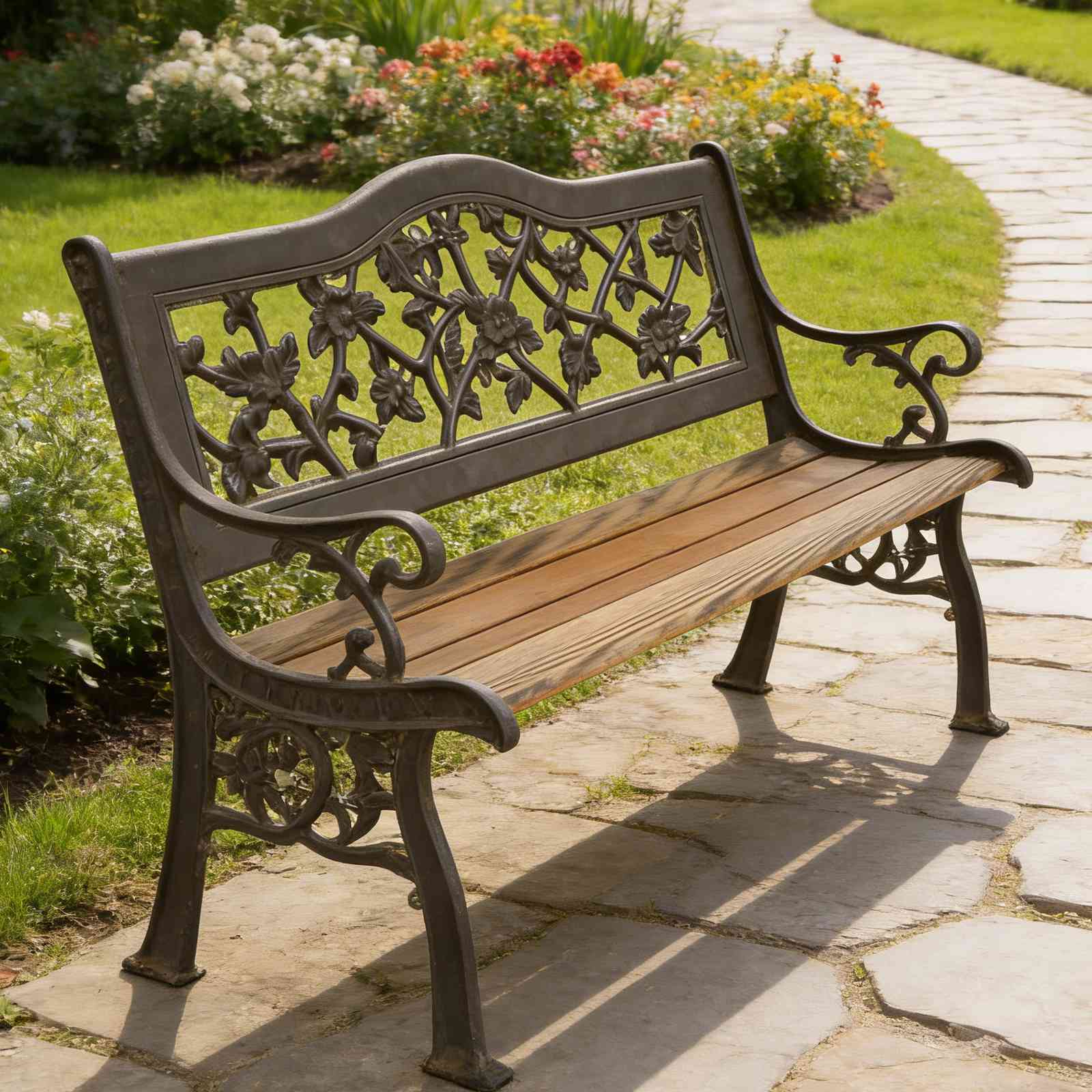 Rose Motif Cast Iron & Wood Garden Bench HS-B029, Rose Motif Cast Iron Garden Bench