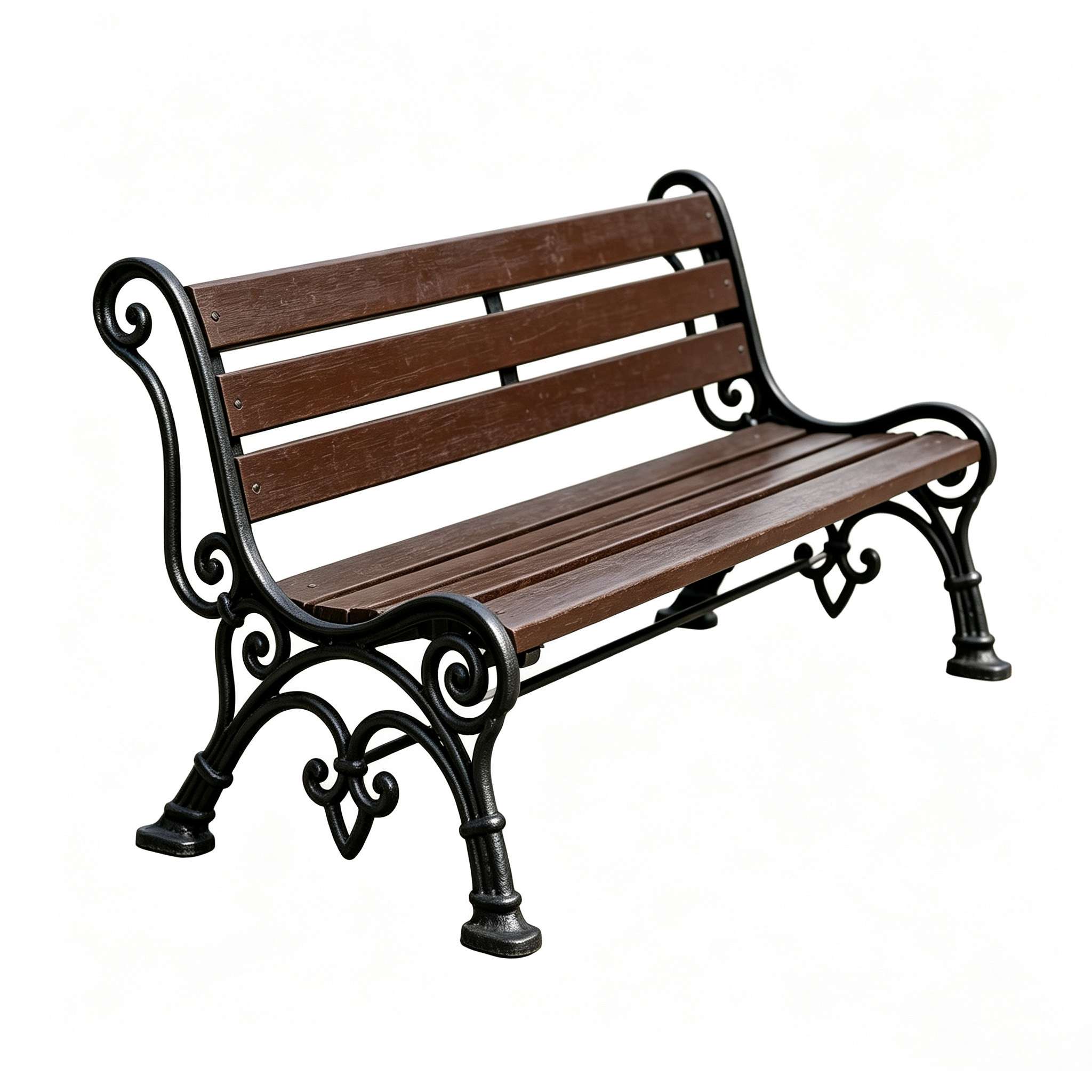 Cast iron park bench with wooden slats, white background