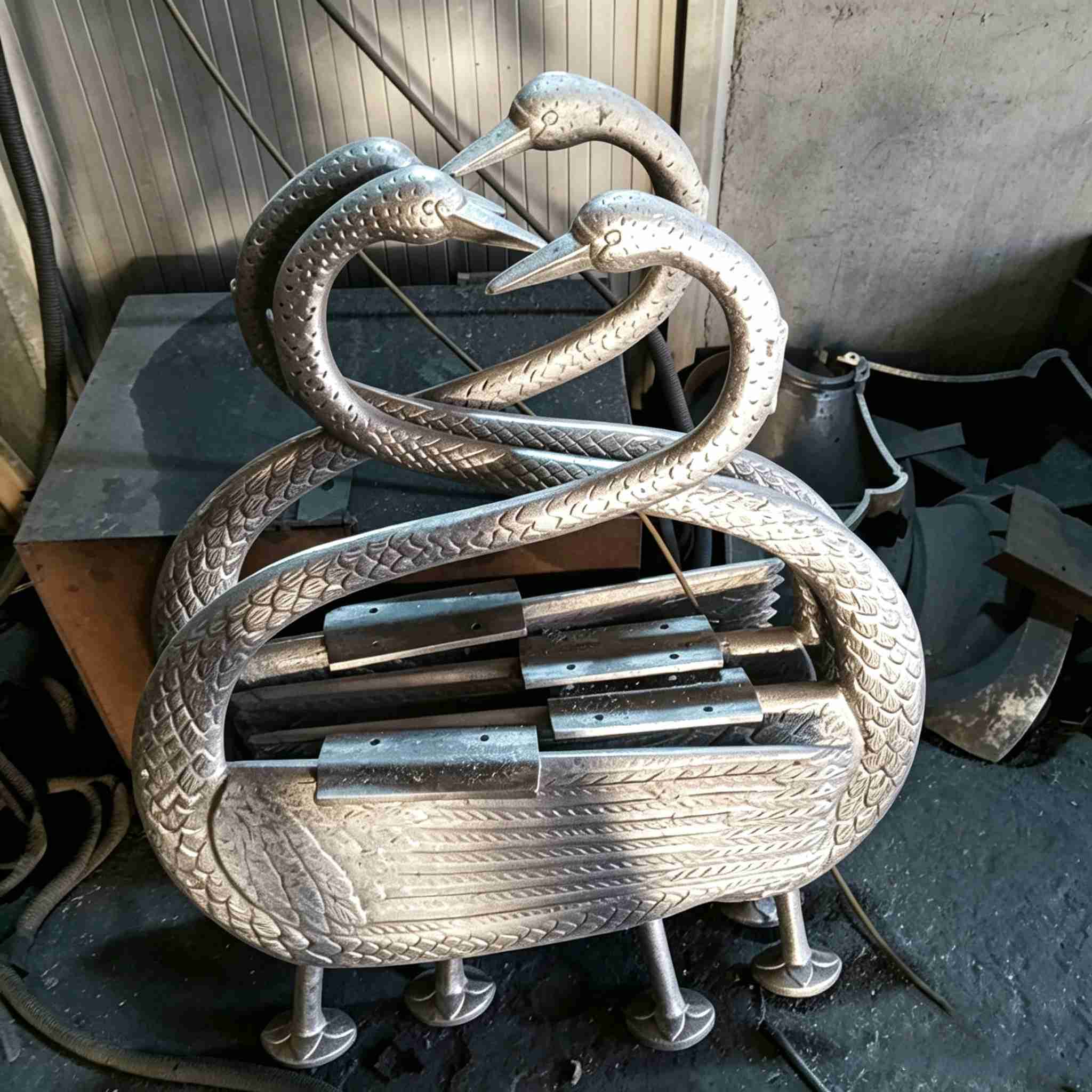 Group of cast iron swan bench legs in workshop