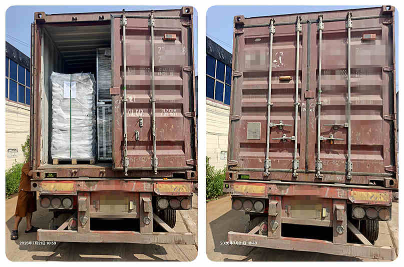 Exterior view of a sealed 1x20GP shipping container on a truck trailer, ready for export departure to Bulgaria.