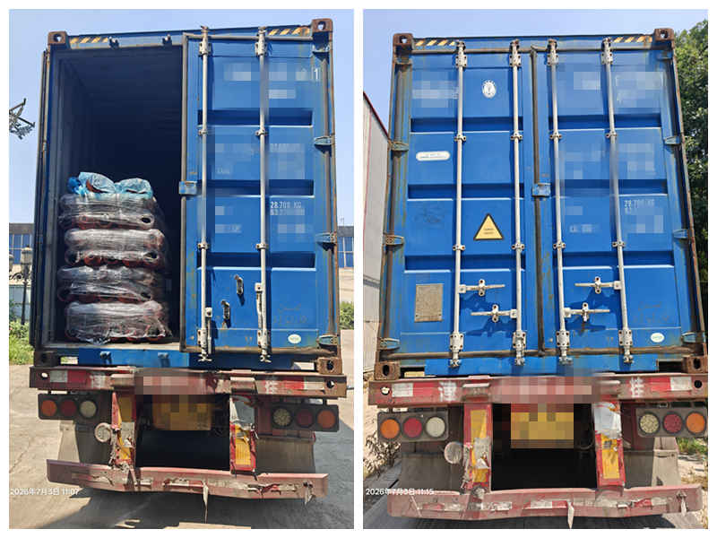 Cast iron lamp posts loaded in container for US export
