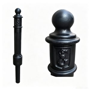 Black cast iron decorative traffic bollard HS-CB031, embossed pattern, white background
