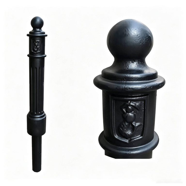 Black cast iron decorative traffic bollard HS-CB031, embossed pattern, white background