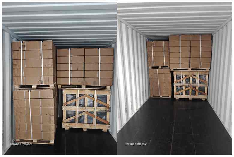 Interior of 20GP container showing neatly stacked cartons of bench legs and light poles for Hungary export order
