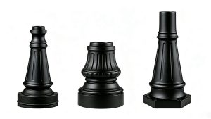Three styles of cast aluminium lamp bases for municipal outdoor lighting projects
