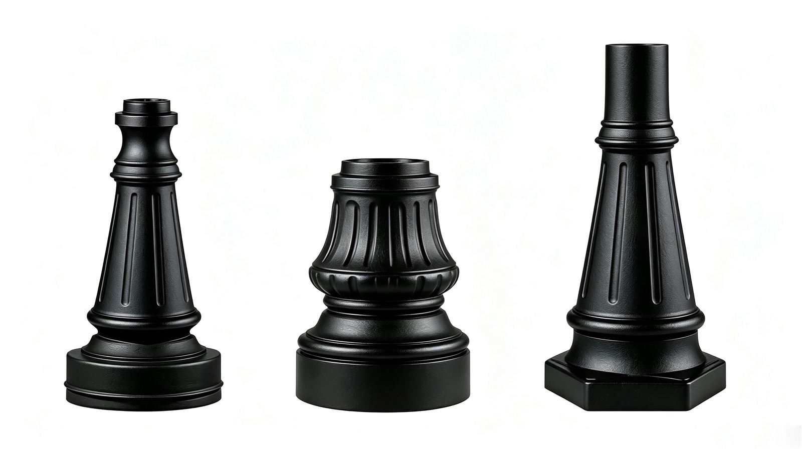 Three styles of cast aluminium lamp bases for municipal outdoor lighting projects