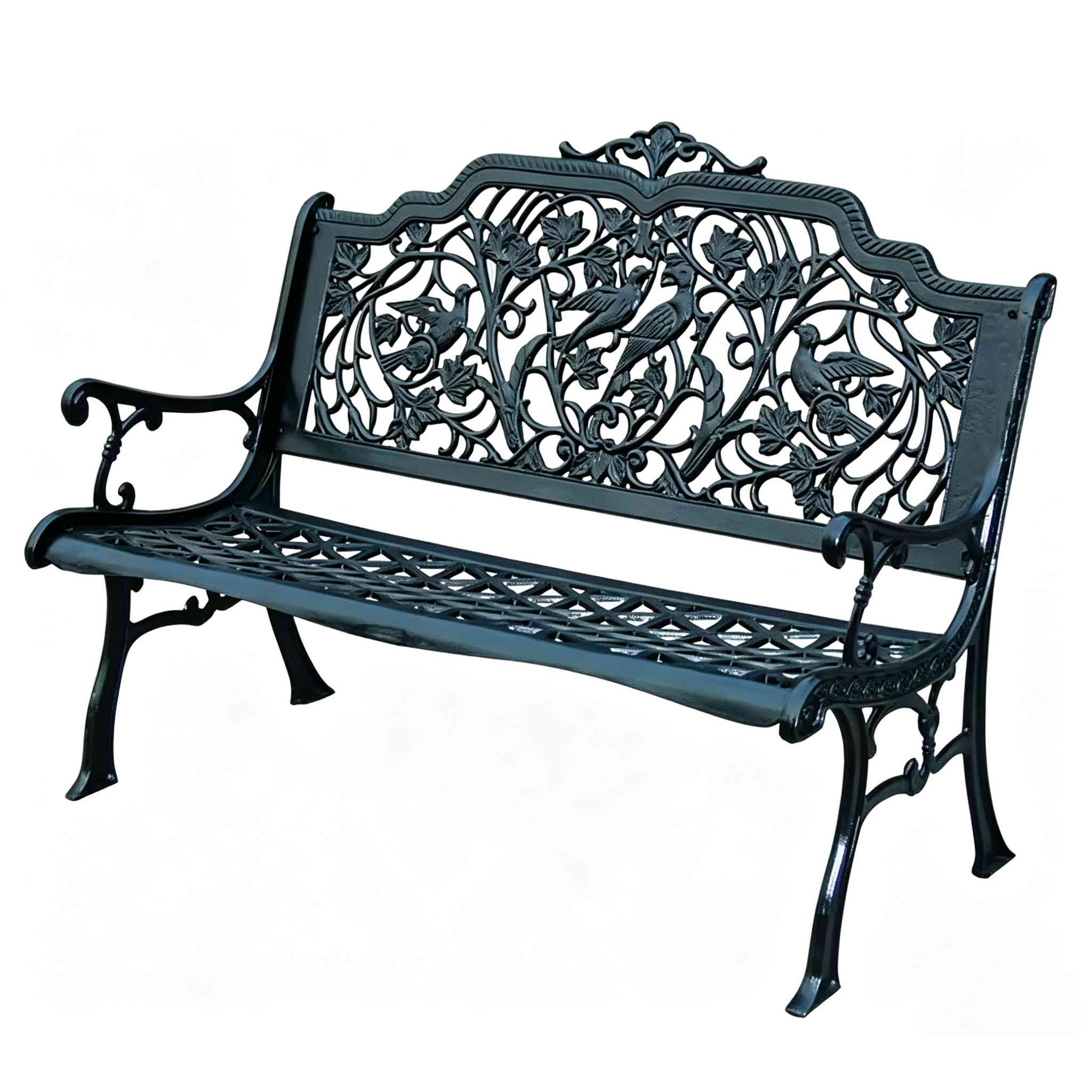 Heavy duty ornate cast iron garden bench, side angle view showing sturdy cast iron bench legs