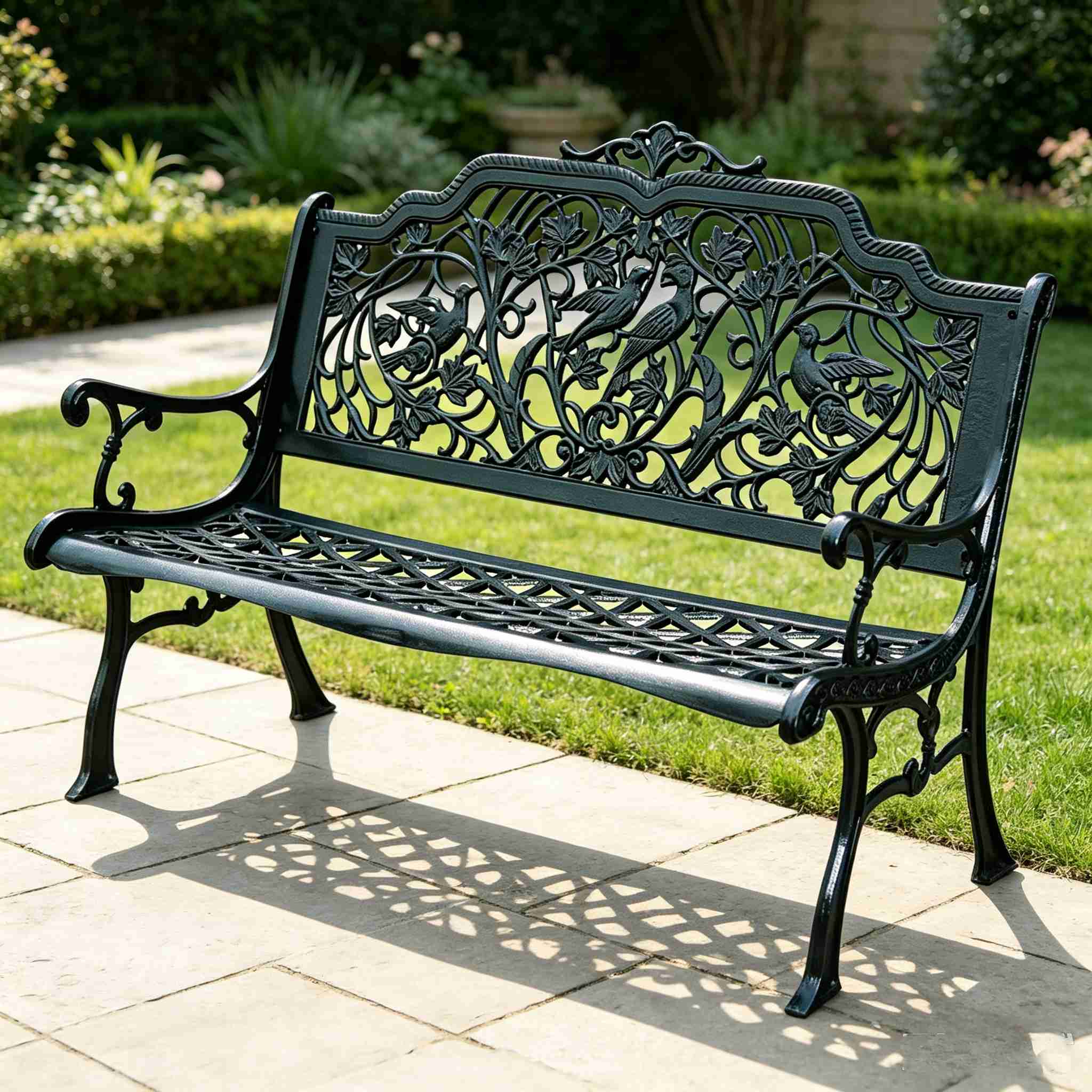 Black carved cast iron garden bench placed on stone patio in green garden, real installation scene