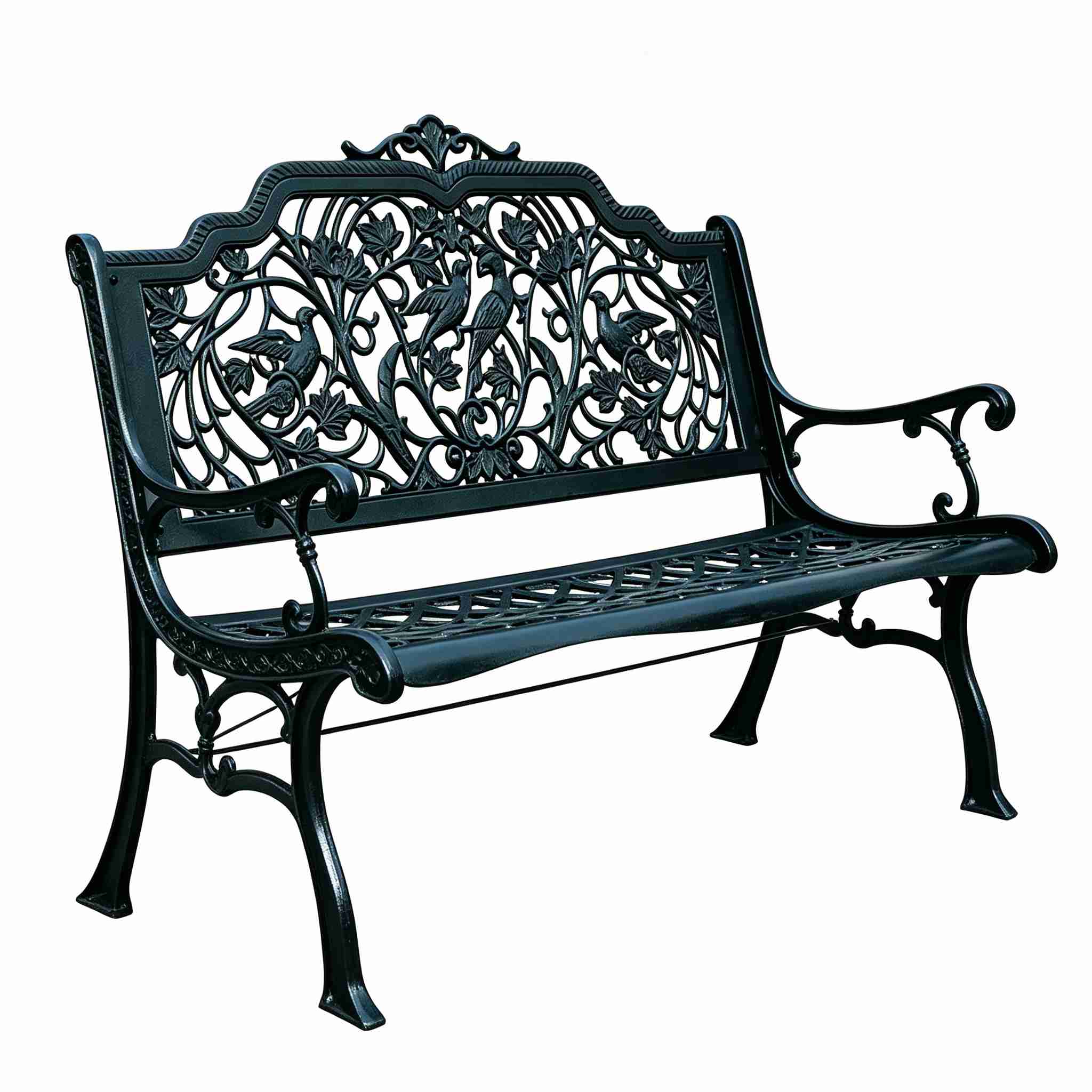 Black ornate cast iron garden bench with bird and vine carving, front view on white background