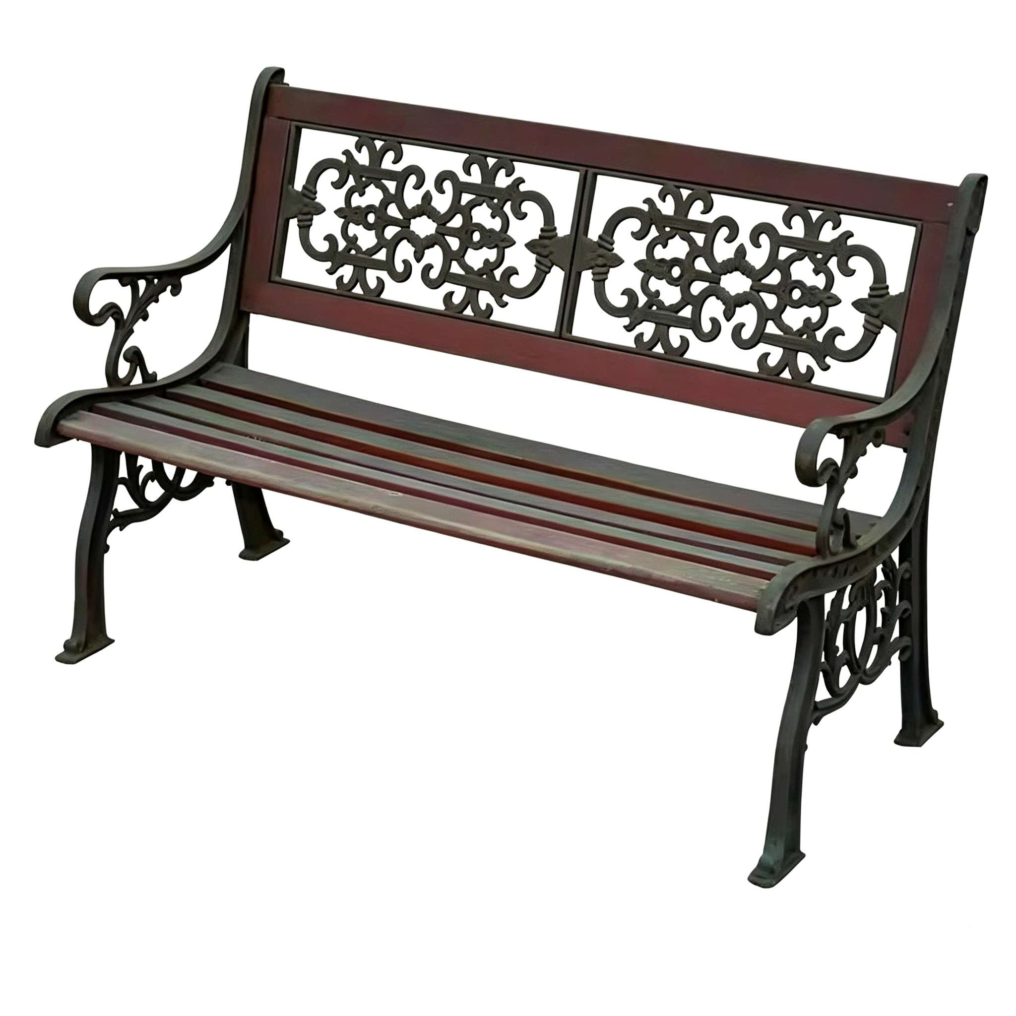 Vintage cast iron garden park bench with scrollwork carved backrest, electrostatic powder coating, wooden slats, factory supply for distributors
