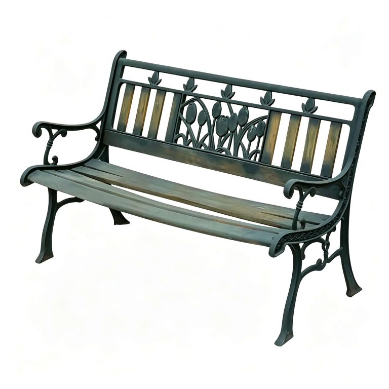 Cast iron park bench with tulip flower carved backrest, electrostatic powder coating, wood slat seat, outdoor garden bench from factory