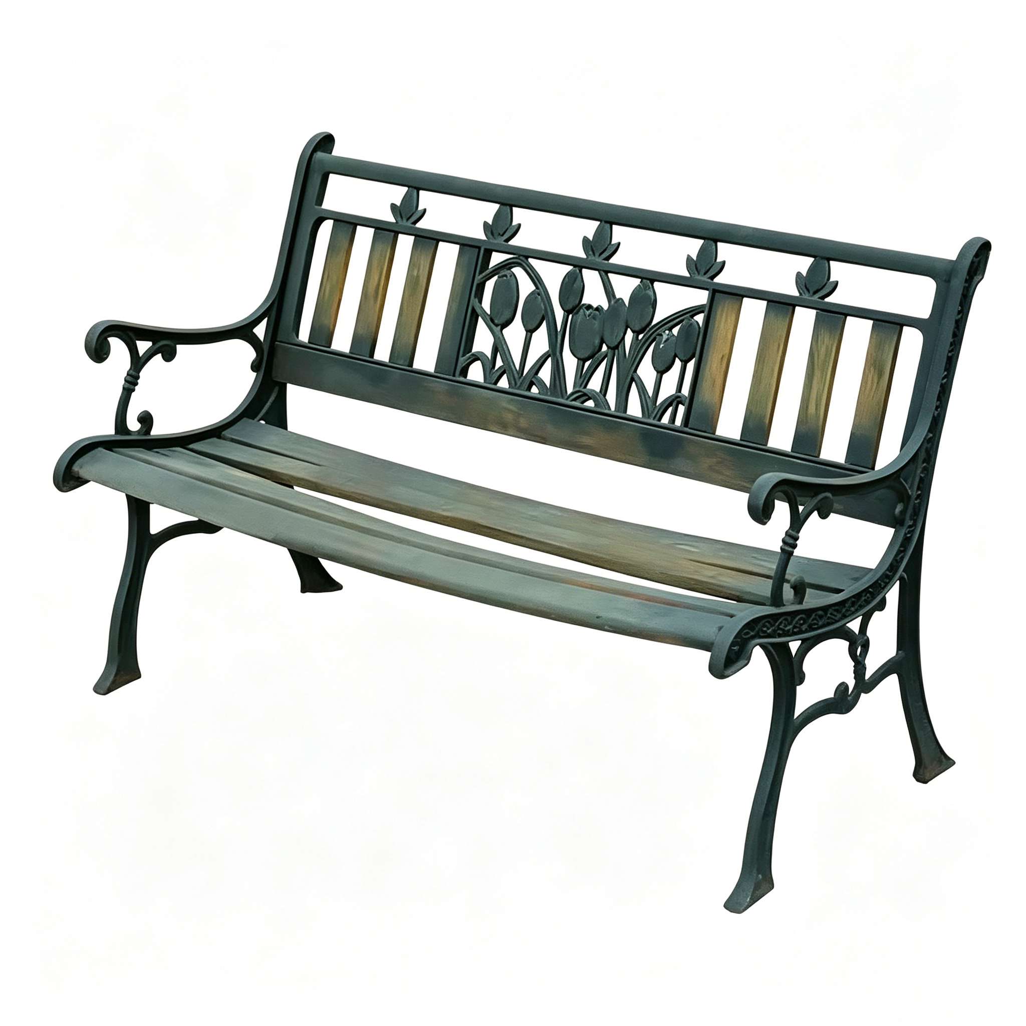 Cast iron park bench with tulip flower carved backrest, electrostatic powder coating, wood slat seat, outdoor garden bench from factory