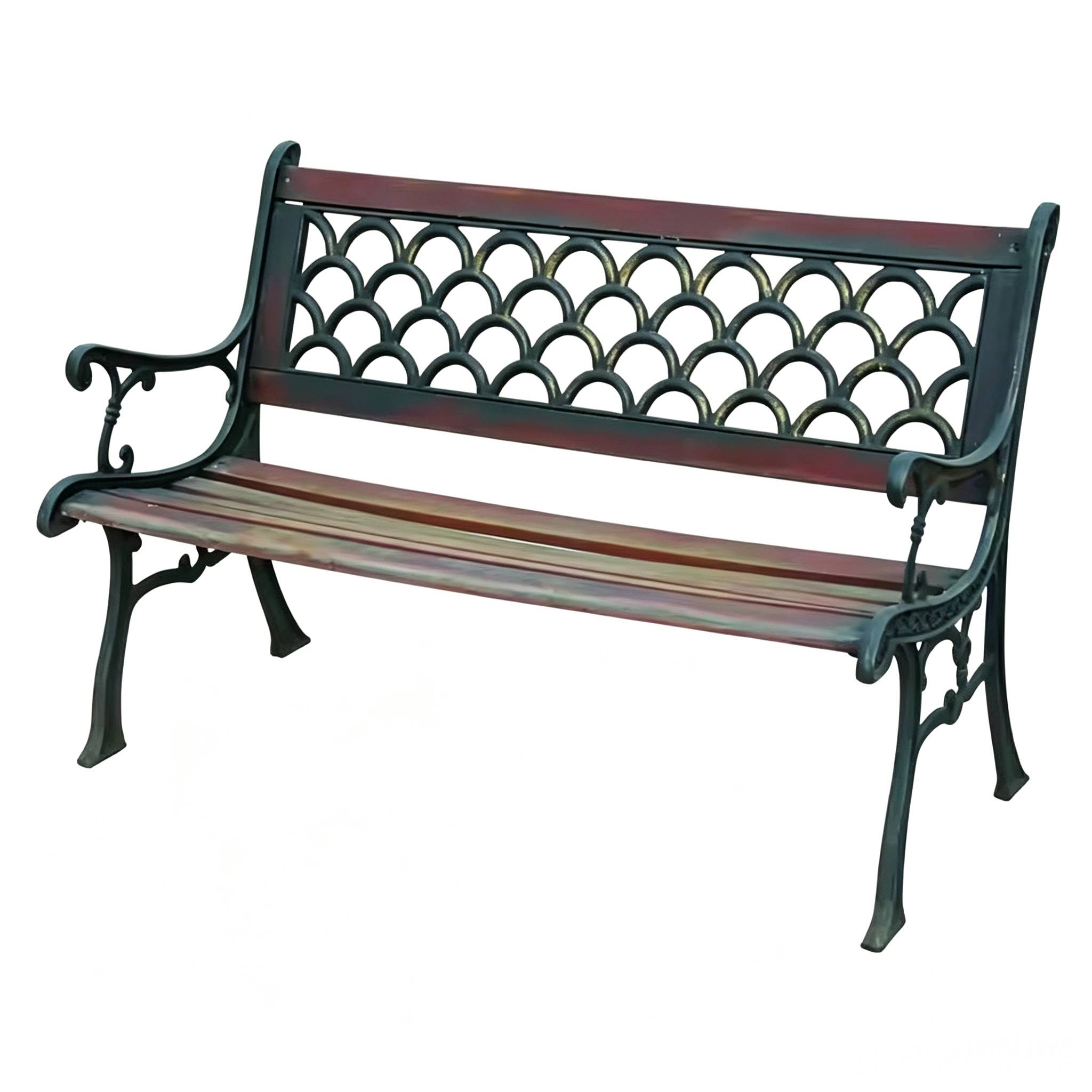 Cast iron park garden bench with scale circle carved backrest, electrostatic powder coating, wooden slats, factory wholesale for distributors