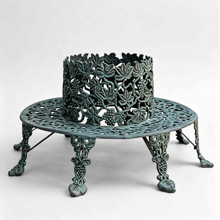 Verdigris patina cast iron round tree bench, pierced grapevine and grape relief design, vintage victorian garden tree seat isolated on white background