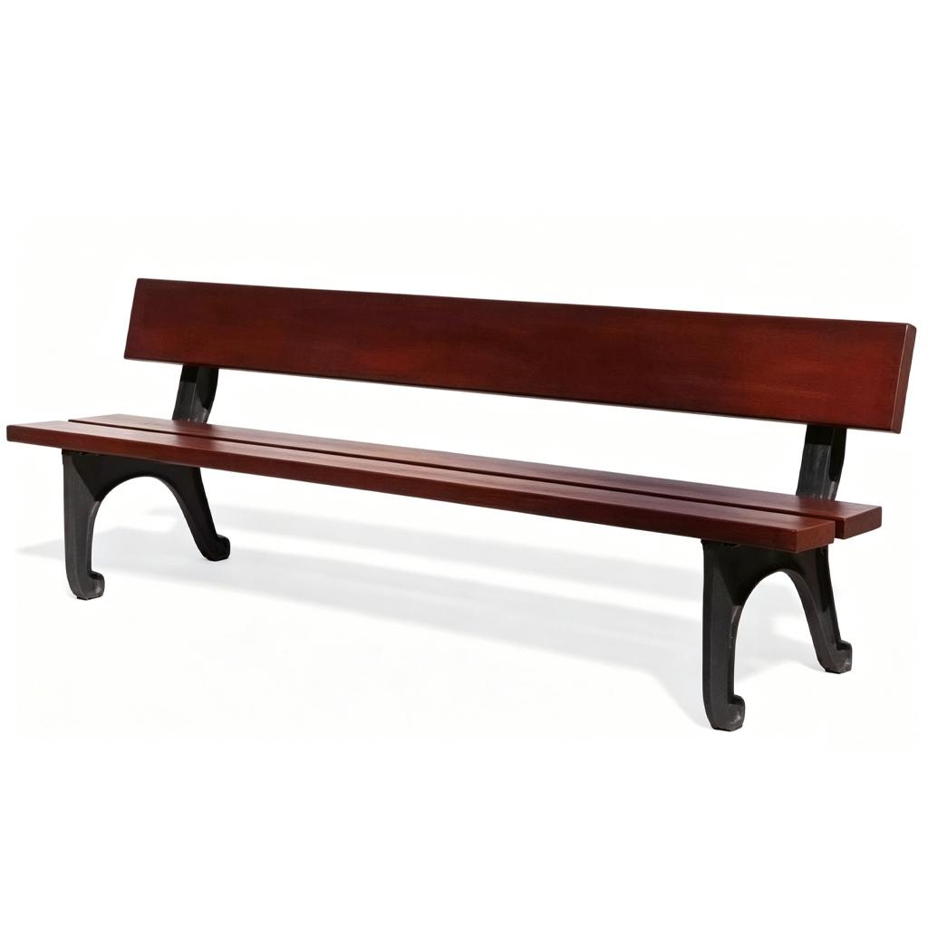 Ductile cast iron bench legs, single board backrest outdoor park bench, dark red wood slats, white background product photo