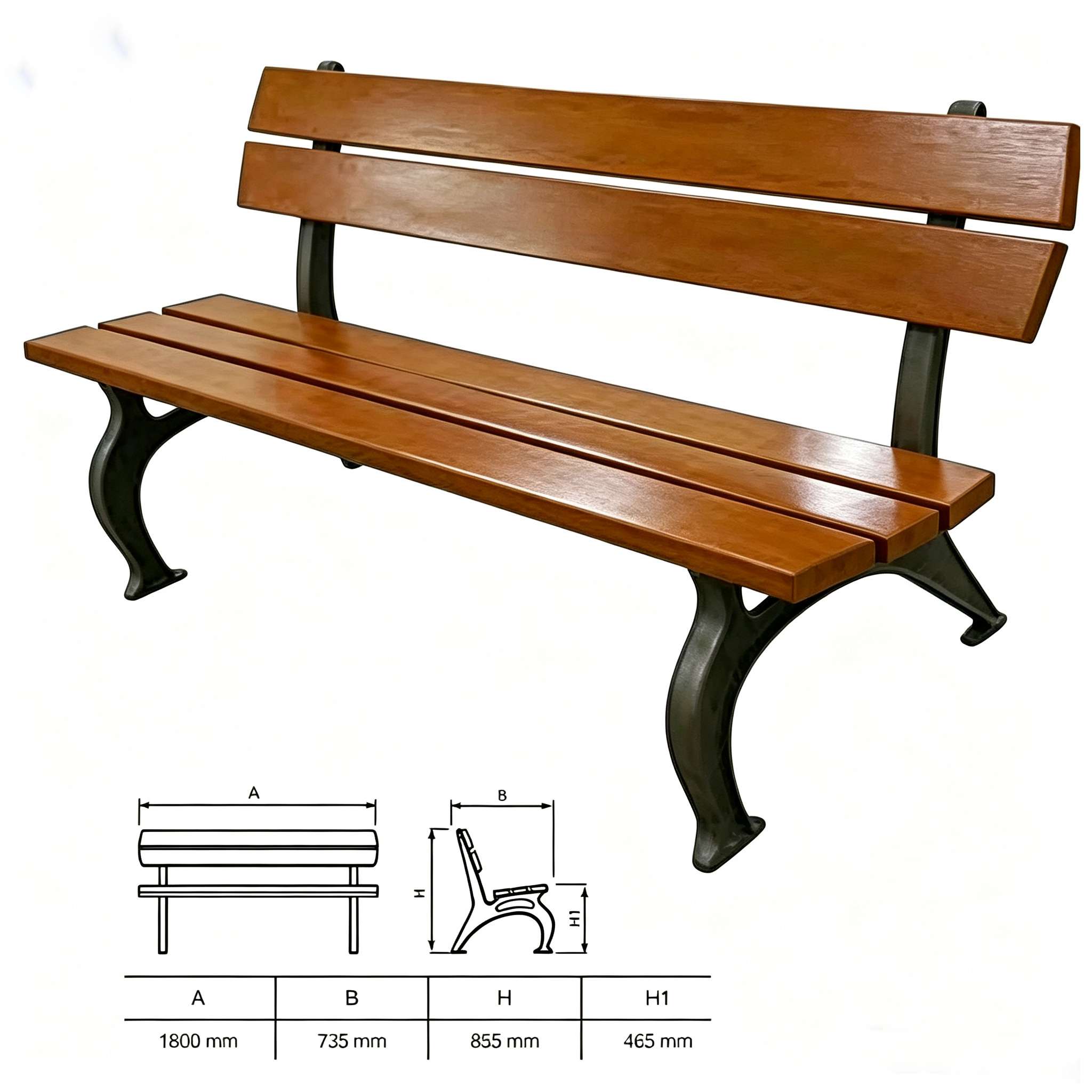 Cast iron park bench legs with dimension diagram, 1800mm length outdoor municipal bench, wooden slats optional, technical drawing included