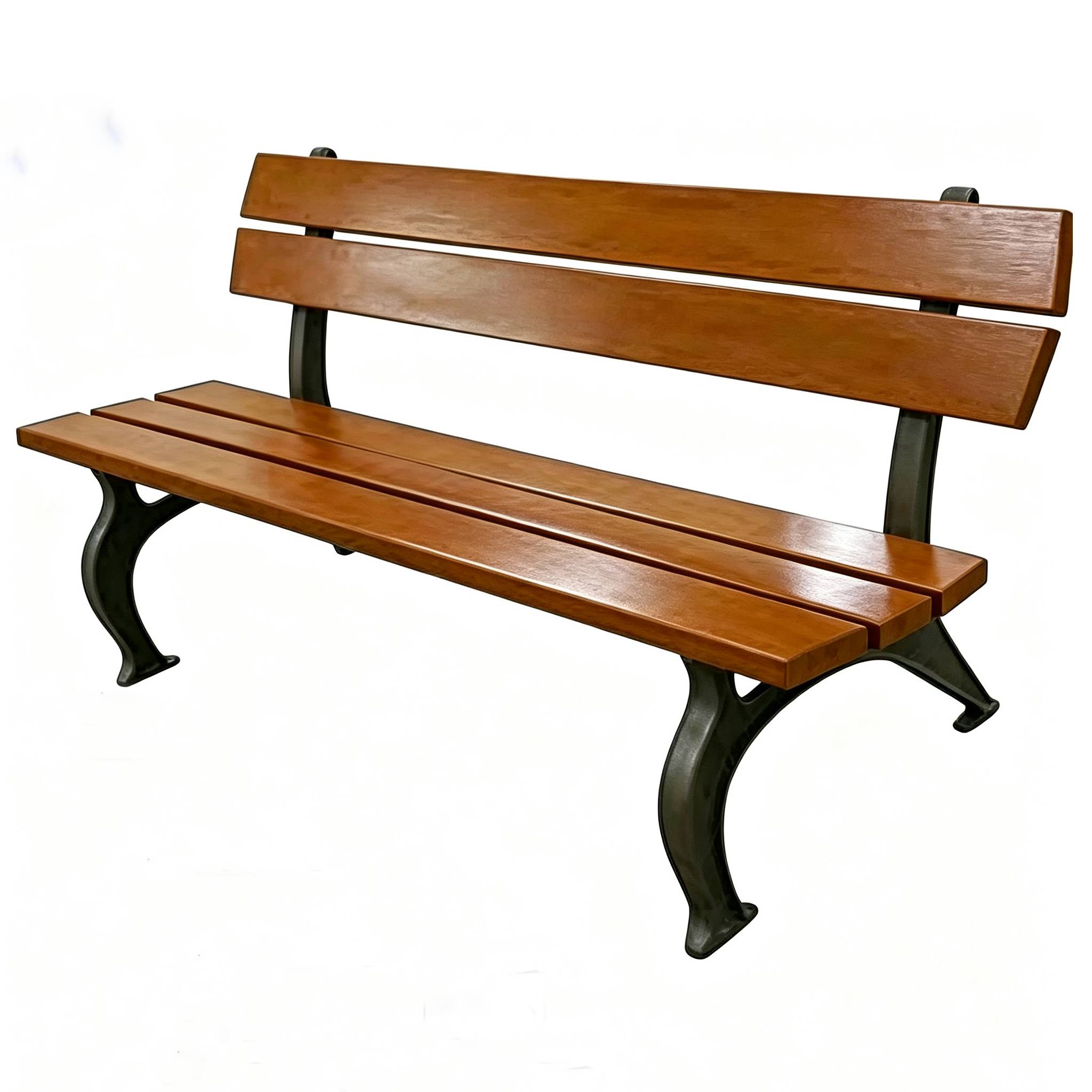 Cast iron park bench legs with optional wooden slats, classic curved outdoor municipal park bench, white background product shot