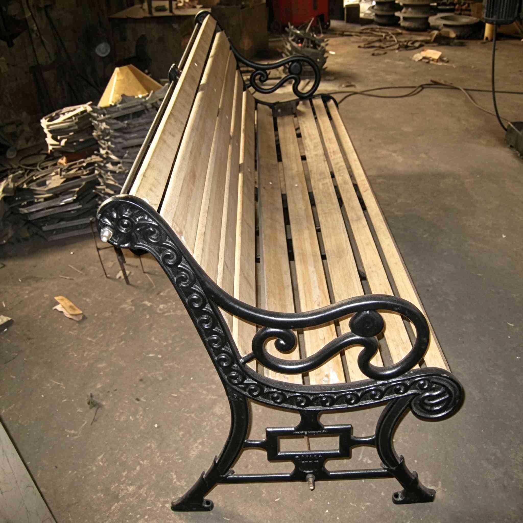 Factory shot of Victorian scroll cast iron garden bench with light wood slats, black cast iron arm and leg frame