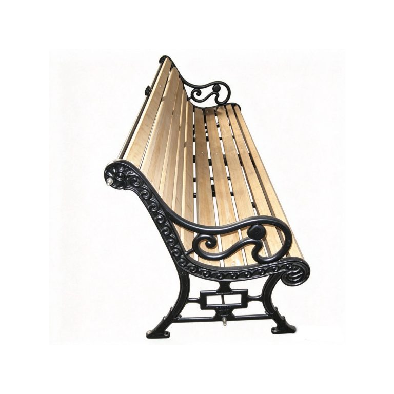 White background product photo of L150cm garden park bench with scroll pattern cast iron legs and timber slats