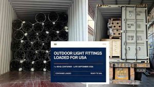 Split photo of container loading outdoor light fittings, cast aluminum lamp parts packed inside 40HQ container for USA shipment late September 2026, B2B factory export site image