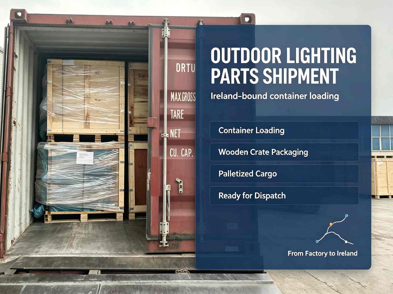 Outdoor lighting parts 20GP container loading photo for Ireland dealer shipment with wooden crate pallets