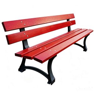 Bright red wood park bench with black ductile iron brackets isolated on white background
