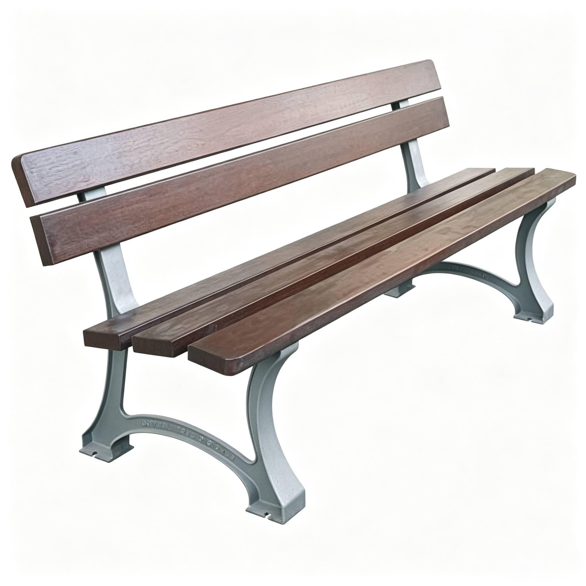 Dark brown wooden slat park bench with grey ductile iron frame on plain white background
