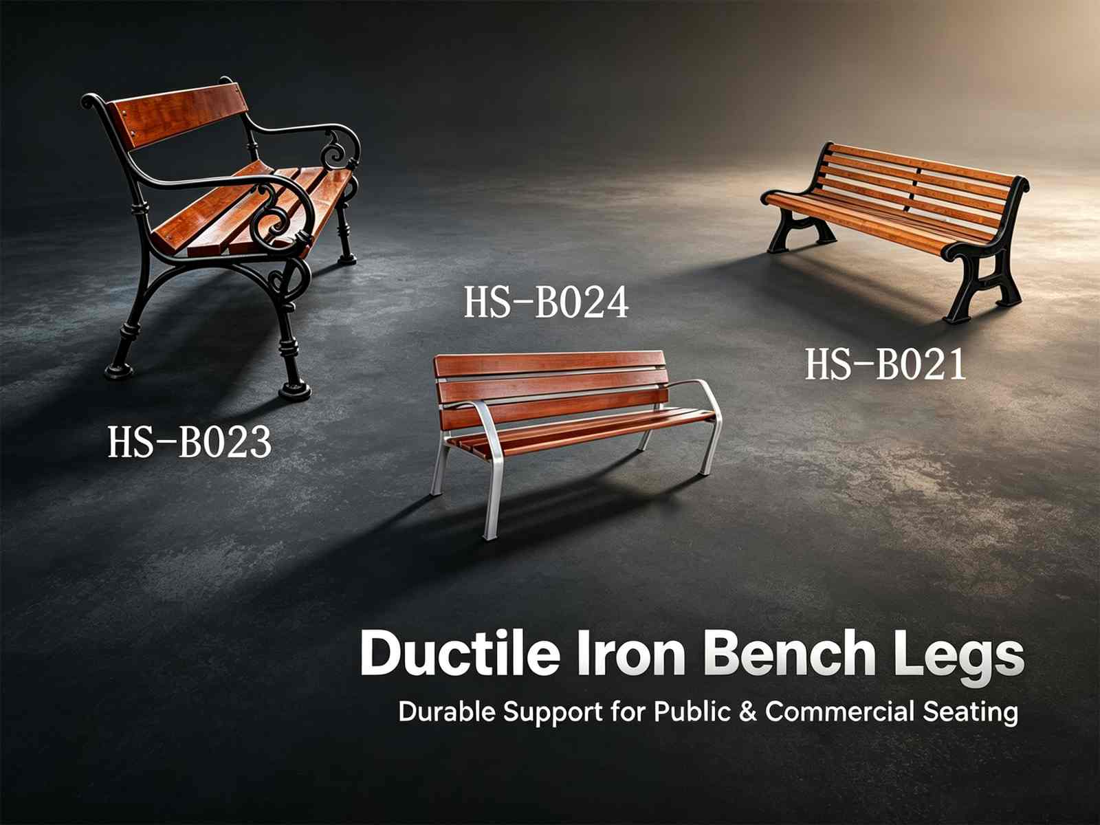 Ductile iron park bench legs HS-B021 HS-B023 HS-B024, heavy-duty cast iron frames for outdoor public and commercial seating