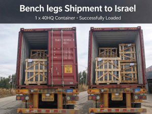 Cast iron bench legs packed in wooden crates, loading into 40HQ container for Israel municipal furniture project, license and container numbers masked