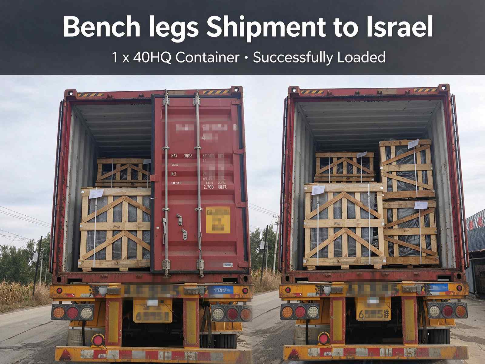 Cast iron bench legs packed in wooden crates, loading into 40HQ container for Israel municipal furniture project, license and container numbers masked