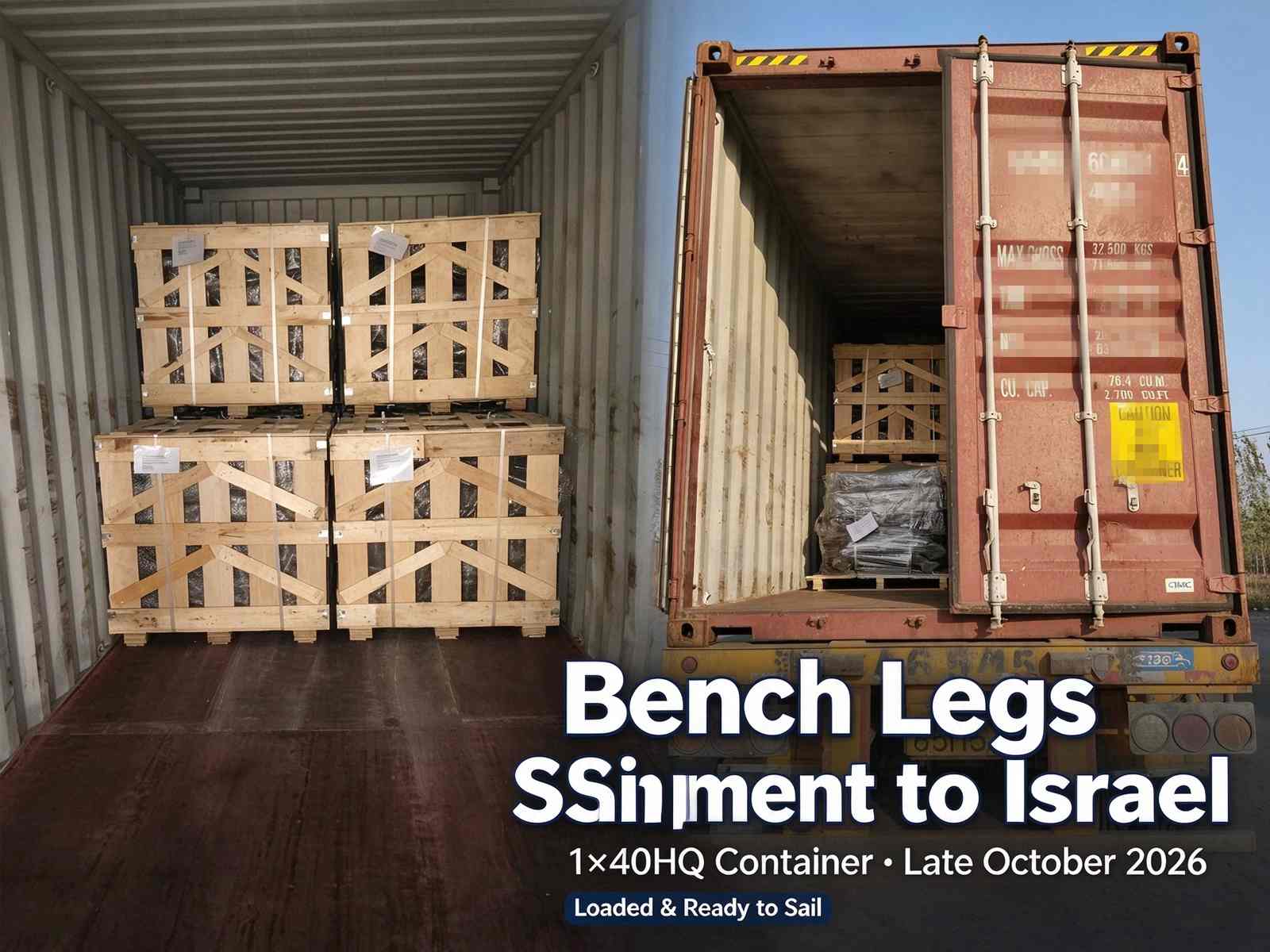Bench legs shipment to Israel, 40HQ container loading with wooden crates, outdoor furniture bench legs factory delivery
