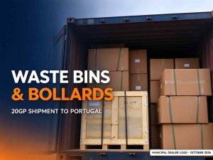 Wooden crates and cartons of waste bins and bollards loaded inside a 20GP container for shipment to Portugal, factory loading scene for municipal dealer order